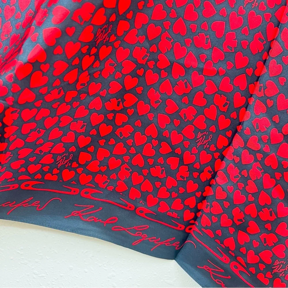 Karl Lagerfeld Paris Silk Hearts Safety Pins Red & Black Square Scarf OS NWT